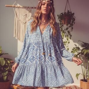 Jessica Simpson Boho Cotton Blue Floral Size Medium Dress